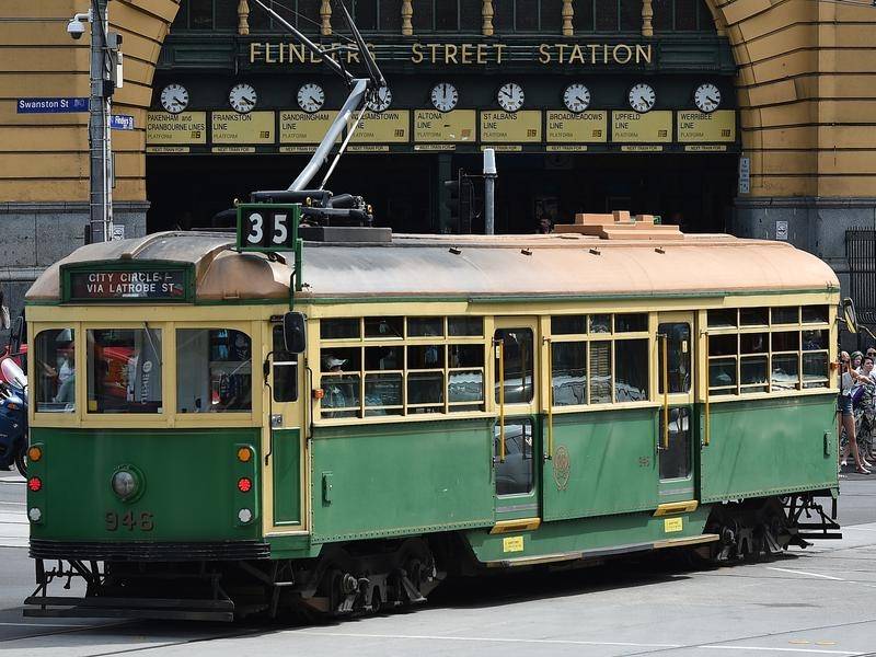 Melbourne tram in front of Flinders station